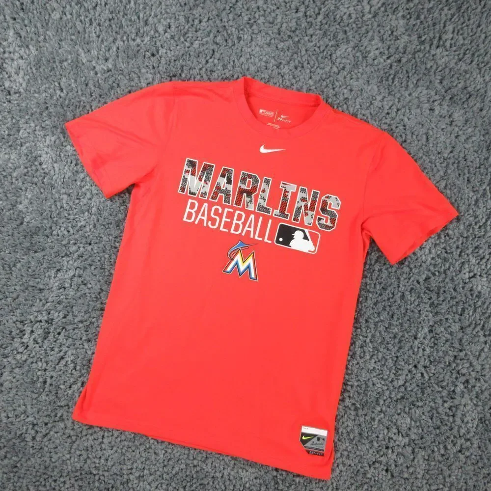 Nike Shirt Mens Small Orange Marlins Baseball Dri-Fit Short Sleeve '